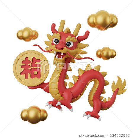 Lucky 3d cartoon chinese dragon flying with gold coin among clouds, perfect for lunar new year, chinese new year, or prosperity-themed designs on an isolated background 134332952