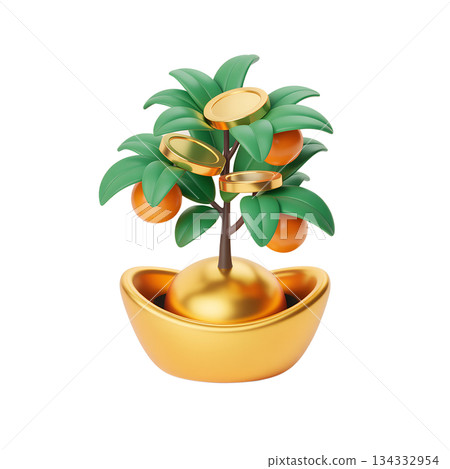 3d illustration of lucky prosperity tree (cai shu) decorated with gold coins and tangerines, symbols of wealth and good fortune for chinese new year 3d illustration of lucky prosperity tree (cai shu) decorated with gold coins and tangerines, symbols of wealth and good fortune for chinese new year 134332954