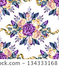Luxurious watercolor seamless ballet pattern combining roses, feathers, crown and gem elements. Rich artistic composition with romantic elegance, perfect for premium textile, fashion accessories 134333168