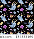 Graceful watercolor seamless pattern with classical ballerinas dancing in expressive poses. Light flowing skirts and elegant movement create a refined design ideal for fashion prints, decor 134333169