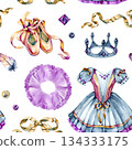 Elegant watercolor seamless ballet pattern featuring pointe shoes, classic tutu dress, ribbons, crown, feathers and floral details. Romantic artistic design for textile, stationery, packaging 134333175
