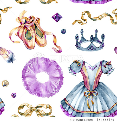 Elegant watercolor seamless ballet pattern featuring pointe shoes, classic tutu dress, ribbons, crown, feathers and floral details. Romantic artistic design for textile, stationery, packaging 134333175