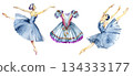 Graceful watercolor ballet set with dancing ballerinas, pointe poses, and a classical ballet dress. Expressive feminine illustrations capturing movement, elegance, and the poetic beauty of 134333177