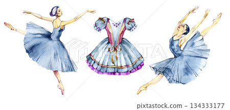 Graceful watercolor ballet set with dancing ballerinas, pointe poses, and a classical ballet dress. Expressive feminine illustrations capturing movement, elegance, and the poetic beauty of Graceful watercolor ballet set with dancing ballerinas, pointe poses, and a classical ballet dress. Expressive feminine illustrations capturing movement, elegance, and the poetic beauty of 134333177