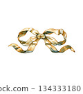 Hand painted watercolor bow with flowing ribbon tails in soft golden tones. Elegant decorative bow element for ballet themes, princess designs, celebrations, invitations, romantic stationery 134333180