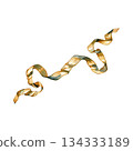 Watercolor flowing ribbon illustration painted in soft golden tones. Elegant wavy ribbon element for ballet, princess, celebration and decorative designs, invitations, cards, packaging, and romantic 134333189