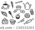 A collection of hand-drawn coffee and bakery doodle illustrations, featuring cups of coffee, a teapot, croissant, donut, cupcake, cake slice, sugar cubes, wheat stalks, spoon, whisk, and rolling pin. 134333203