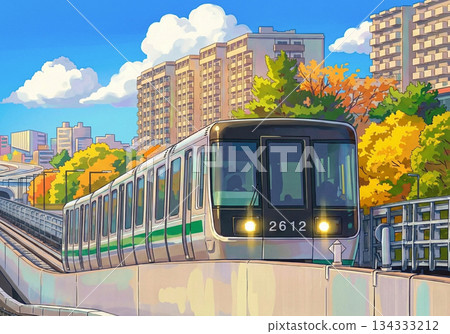 【插畫風格】一輛新型公車車輛行駛在落葉滿城的小鎮中。由人工智慧產生。 134333212