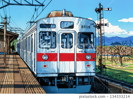 【插畫風格】一列本地火車停靠在郊區車站，背景是寧靜的鄉村景色。由人工智慧產生。 134333214