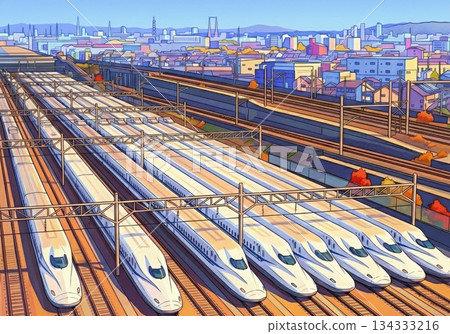 【插畫風格】新幹線列車林立的壯觀列車場景－人工智慧生成 134333216
