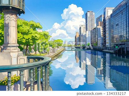 【插畫風格】河畔城市景觀，藍天白雲，積雨雲朵－人工智慧生成 134333217