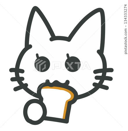 一隻可愛的白貓津津有味地吃著麵包的插圖 134333274