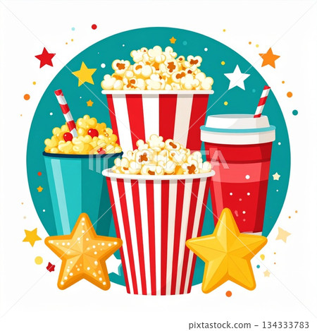 Popcorn Cups and Drinks with Stars on Teal Circular Background 134333783