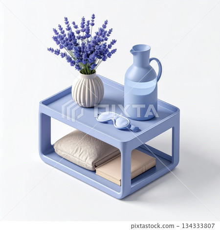 Periwinkle Blue Bedside Table with Lavender Flower and Sleep Accessories Still Life 134333807
