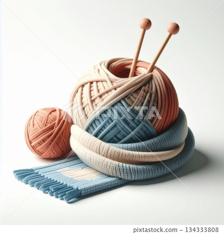 Peach and Blue Yarn Ball with Needles and Knitted Scarf on White Surface 134333808