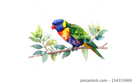 Colorful parrot on green watercolor branch isolated on white background 134333969