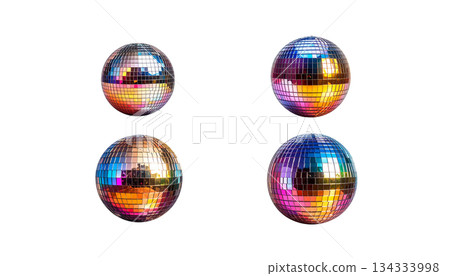 Illustration of glowing disco ball with reflection in mirror isolated on white background. 134333998