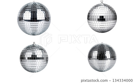 Illustration of glowing disco ball with reflection in mirror isolated on white background. 134334000