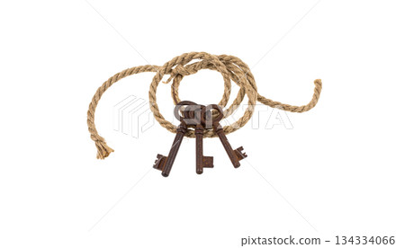 Old key chain on a ring, isolated on a white background. 134334066