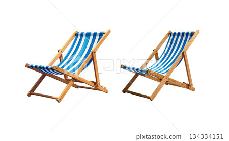 Wooden chair with parasol for summer relaxation on the beach isolated on white background 134334151