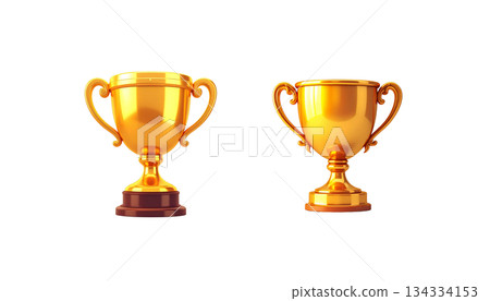 Shiny golden trophy for the winner of the competition, representing achievement, isolated on white background. 134334153