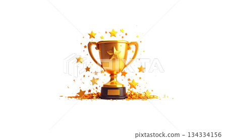 Shiny golden trophy for the winner of the competition, representing achievement, isolated on white background. Shiny golden trophy for the winner of the competition, representing achievement, isolated on white background. 134334156