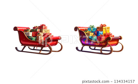 Red 3D Christmas sleigh with gifts isolated on white background. 134334157