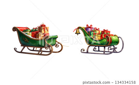 Red 3D Christmas sleigh with gifts isolated on white background. 134334158