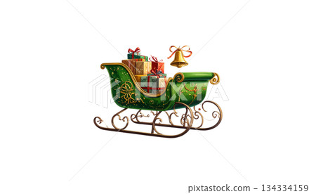 Red 3D Christmas sleigh with gifts isolated on white background. 134334159