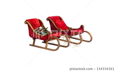 Red 3D Christmas sleigh with gifts isolated on white background. 134334161