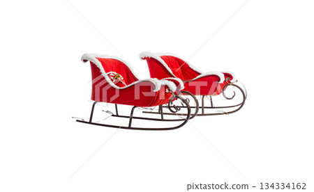 Red 3D Christmas sleigh with gifts isolated on white background. 134334162