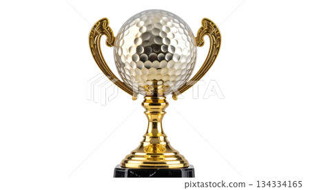 Shiny golden trophy for the winner of the competition, representing achievement, isolated on white background. Shiny golden trophy for the winner of the competition, representing achievement, isolated on white background. 134334165