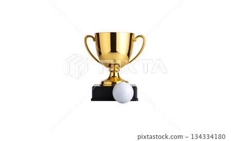 Shiny golden trophy for the winner of the competition, representing achievement, isolated on white background. 134334180
