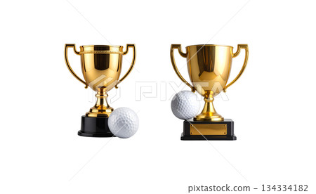 Shiny golden trophy for the winner of the competition, representing achievement, isolated on white background. 134334182