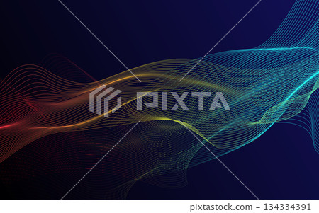 Abstract gradient blue, green, yellow, red wavy lines pattern on a dark blue background, representing future technology, data and networks. Abstract gradient blue, green, yellow, red wavy lines pattern on a dark blue background, representing future technology, data and networks. 134334391