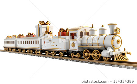 A vintage steam locomotive on railway tracks at a train station 134334399