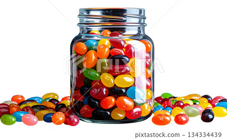 Colorful jelly beans and candies isolated on white background. Red, green, blue, yellow and orange candies. Colorful jelly beans and candies isolated on white background. Red, green, blue, yellow and orange candies. 134334439