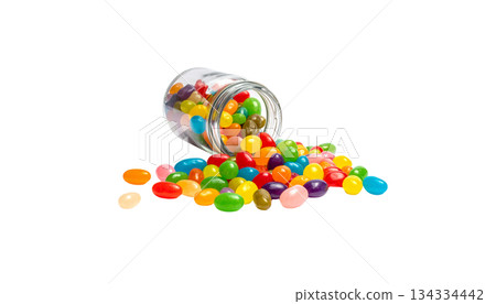Colorful jelly beans and candies isolated on white background. Red, green, blue, yellow and orange candies. Colorful jelly beans and candies isolated on white background. Red, green, blue, yellow and orange candies. 134334442