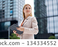 Young caucasian businesswoman reading on digital tablet outdoors in city. 134334552
