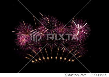 Many flashing colorful fireworks in event amazing with black background. 134334554