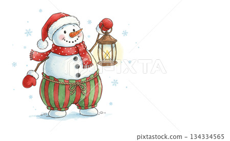 Illustration of a cute cartoon snowman wearing a hat, scarf and broom on a white background. Illustration of a cute cartoon snowman wearing a hat, scarf and broom on a white background. 134334565