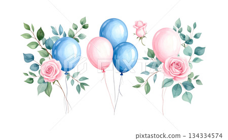 Bright blue watercolor balloons isolated on white background. 134334574