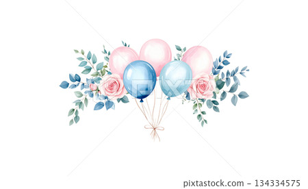 Bright blue watercolor balloons isolated on white background. Bright blue watercolor balloons isolated on white background. 134334575
