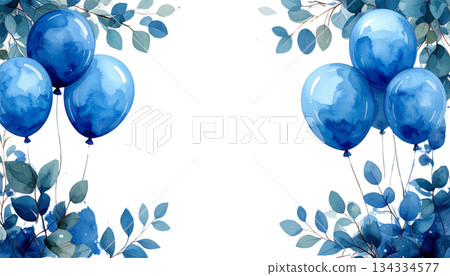 Bright blue watercolor balloons isolated on white background. Bright blue watercolor balloons isolated on white background. 134334577