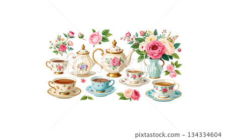 Colorful ceramic teapot and saucer set for hot drinks on white background Colorful ceramic teapot and saucer set for hot drinks on white background 134334604