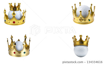 Three white golf balls on a tee with blurred green grass background. On white background. 134334616