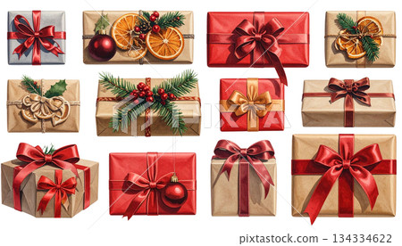 Bright red Christmas gift box with gold bow and ribbon on white background 134334622