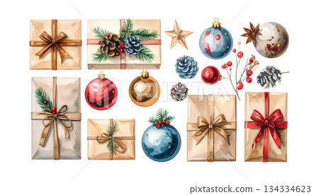 Bright red Christmas gift box with gold bow and ribbon on white background 134334623