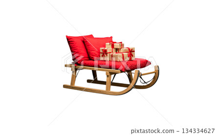 Santa Claus sleigh with Christmas gifts on white background Santa Claus sleigh with Christmas gifts on white background 134334627