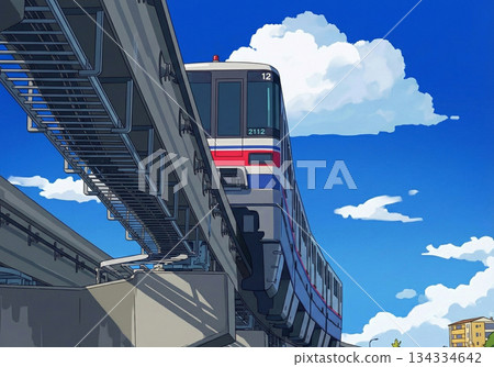 【插畫風格】藍天白雲下的城市單軌列車風景 - 由人工智慧生成 134334642